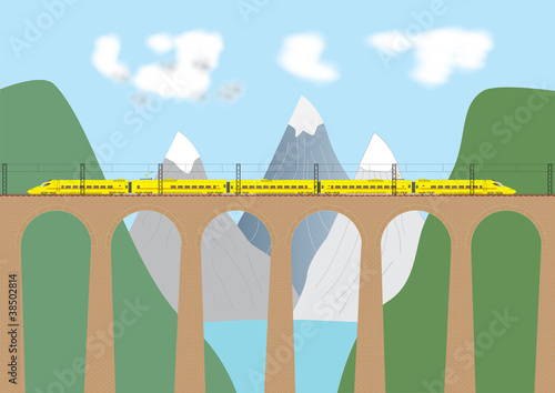A High Speed  Train crossing a viaduct  in mountains