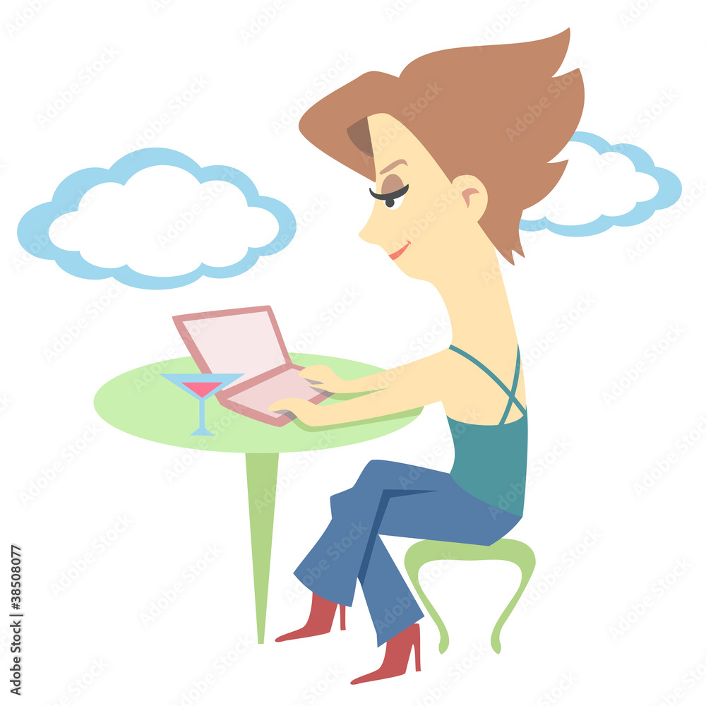 Cartoon girl with laptop and martini glass Cartoon girl with laptop and martini glass