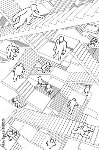 lost and confused people running in a labyrinth of stairs