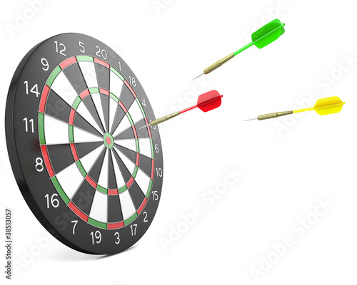 Three darts arrows flying into board