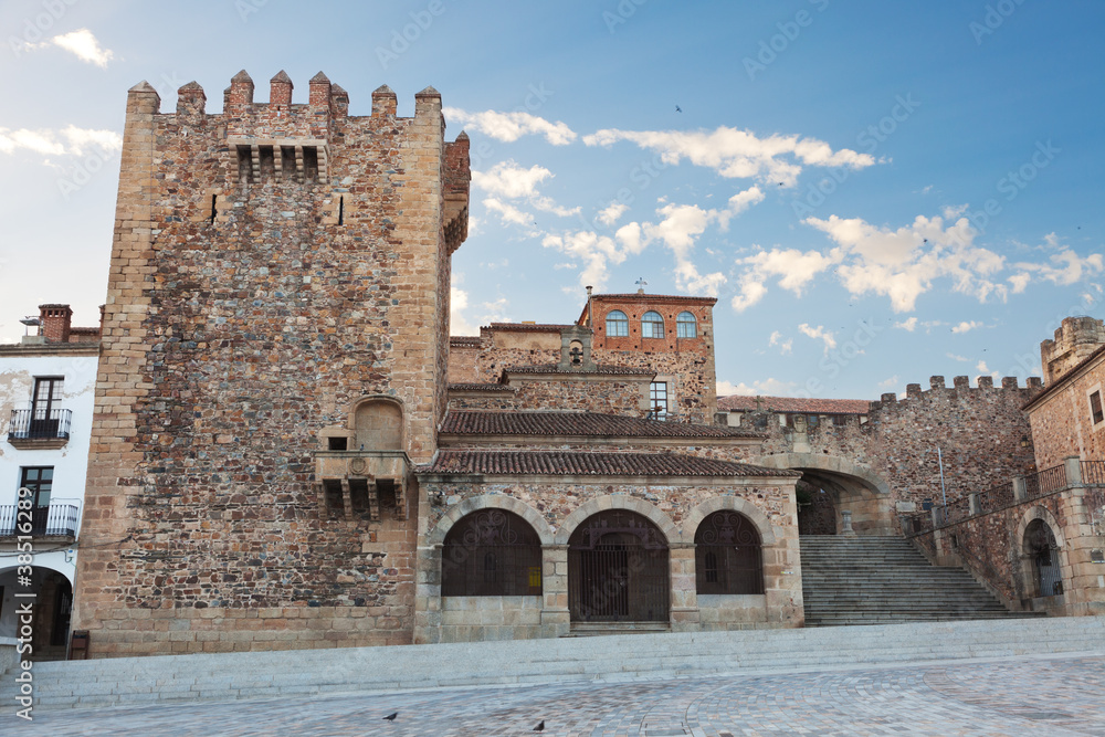 Bujaco tower. Caceres main square at dawn on a summer day. Spain