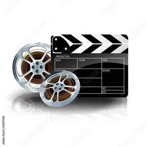 video film tape with cinema clapper and filmstrip on blue backgr