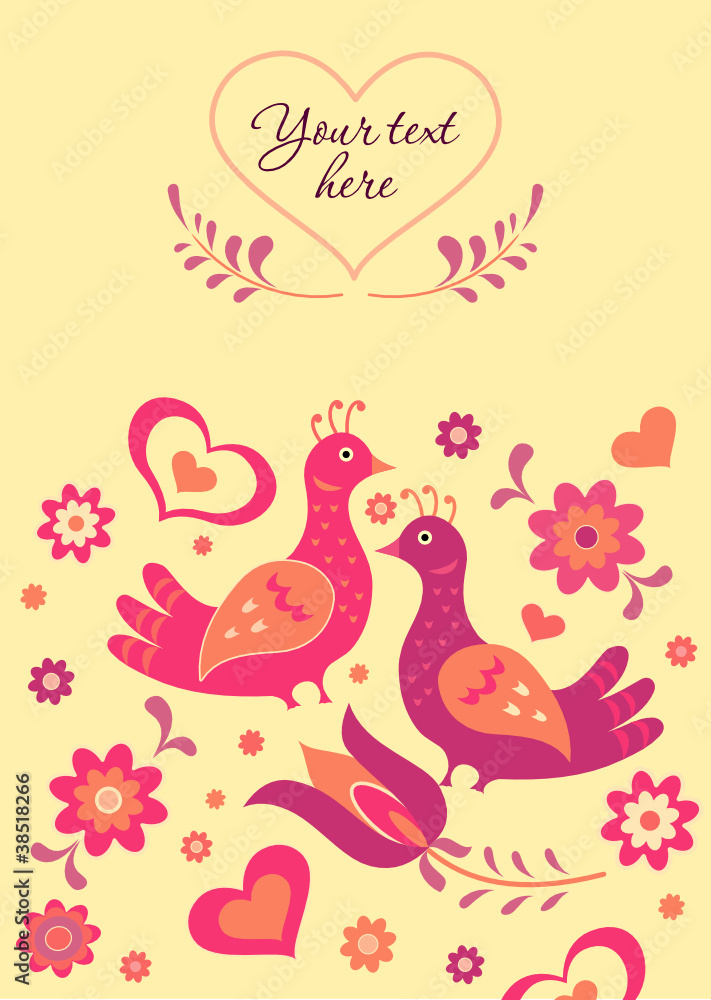 Folk style colorful card template birds, flowers and heart
