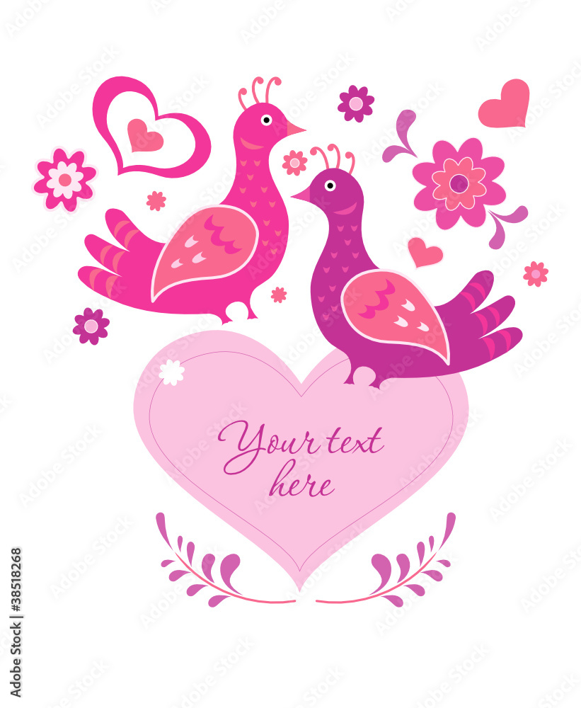 Greeting decortive card template birds and heart Greeting decortive card template birds and heart