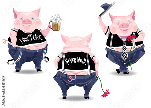 Three funny pig characters with beer, flower and text.