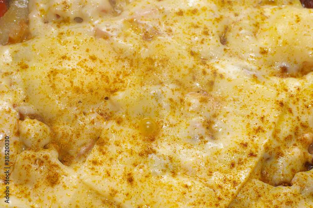 Closeup of pieces of melting cheese with spice Closeup of pieces of melting cheese with spice