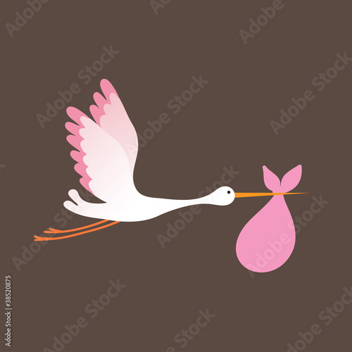 A cartoon illustration of a stork delivering a newborn baby girl