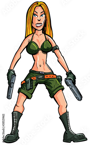 Cartoon female soldier with two hand guns