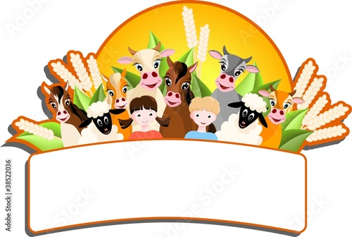 children and happy farm animals