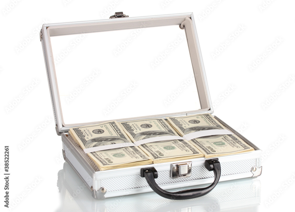 A lot of one hundred dollar bills in a case isolated on white A lot of one hundred dollar bills in a case isolated on white