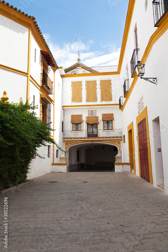 Typical alley from Sevilla, Spain. La Maestranza bullring