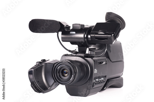 Professional video camera on a white background