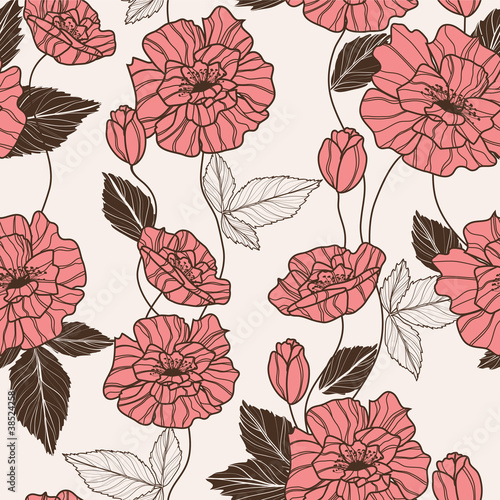 Seamless vector pattern with elegant red poppy flowers