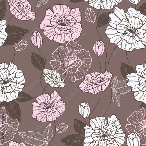 Seamless vector pattern with elegant pink an white poppy flowers