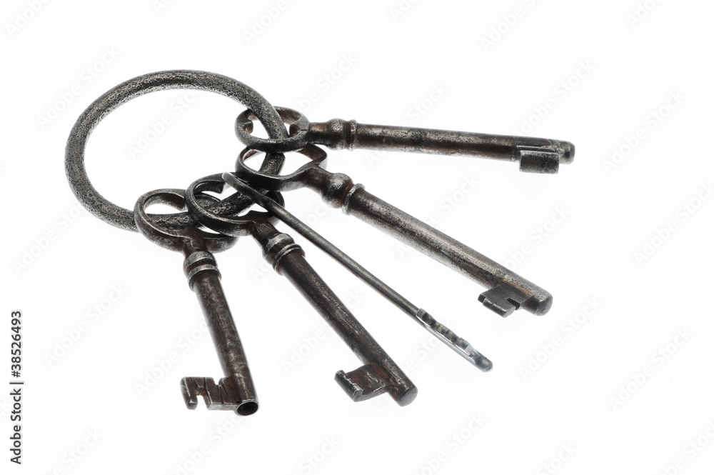 old keys on white background, close-up old keys on white background, close-up