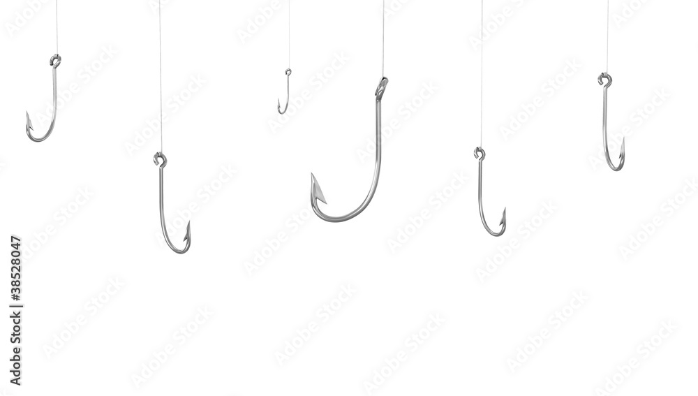 A lot of fishing hooks, isolated on white background A lot of fishing hooks, isolated on white background
