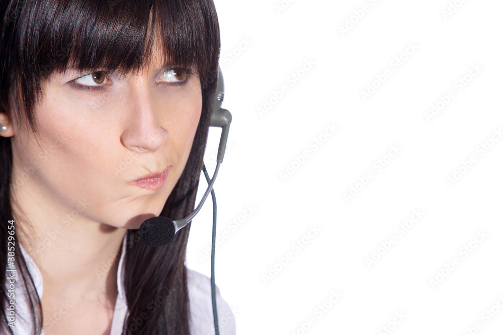 Callcenter Agent ist skeptisch und denkt Nahaufnahme Callcenter Agent ist skeptisch und denkt Nahaufnahme