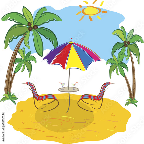 Beach with palm trees, chair,umbrella  and a cocktail.