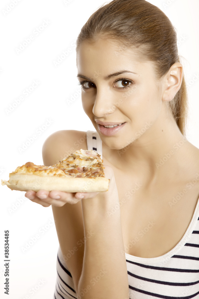 Young beautiful woman eat pizza