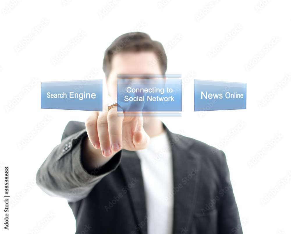 Business man pushing button Social Network Business man pushing button Social Network