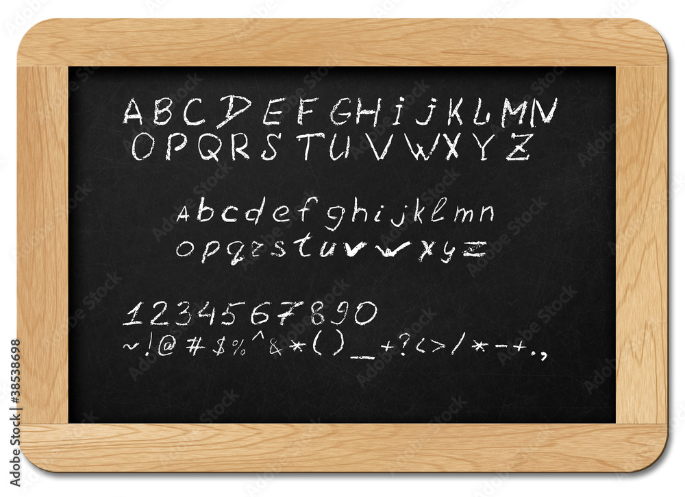 Chalkboard with alphabet letters, numbers and symbols Chalkboard with alphabet letters, numbers and symbols