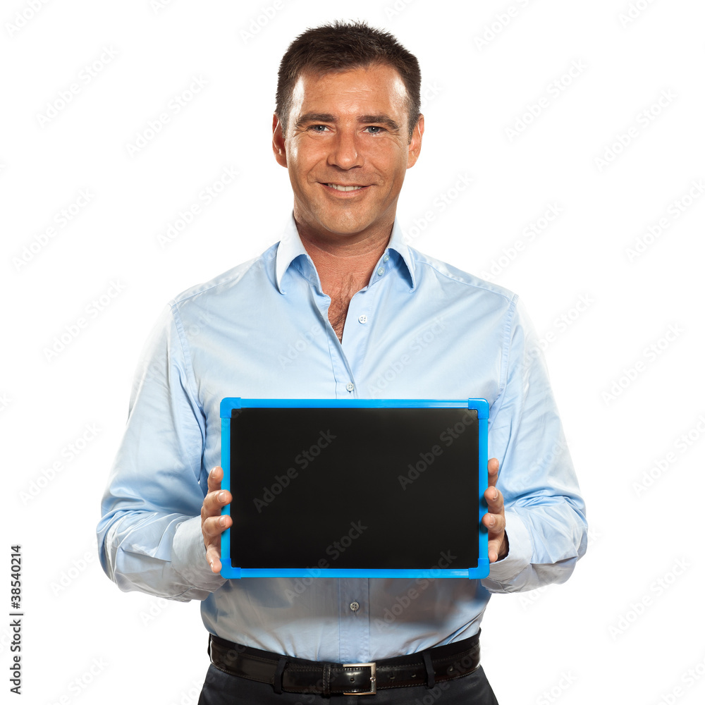 one man holding a blackboard copy space message one man holding a blackboard copy space message