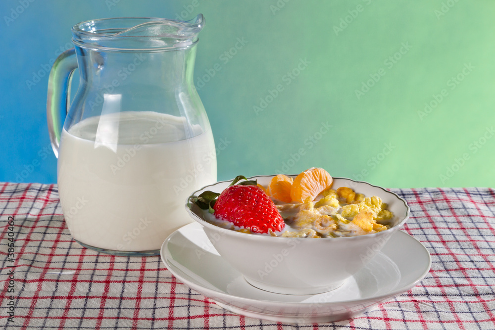 Fresh fruits with corn flakes and milk jug Fresh fruits with corn flakes and milk jug