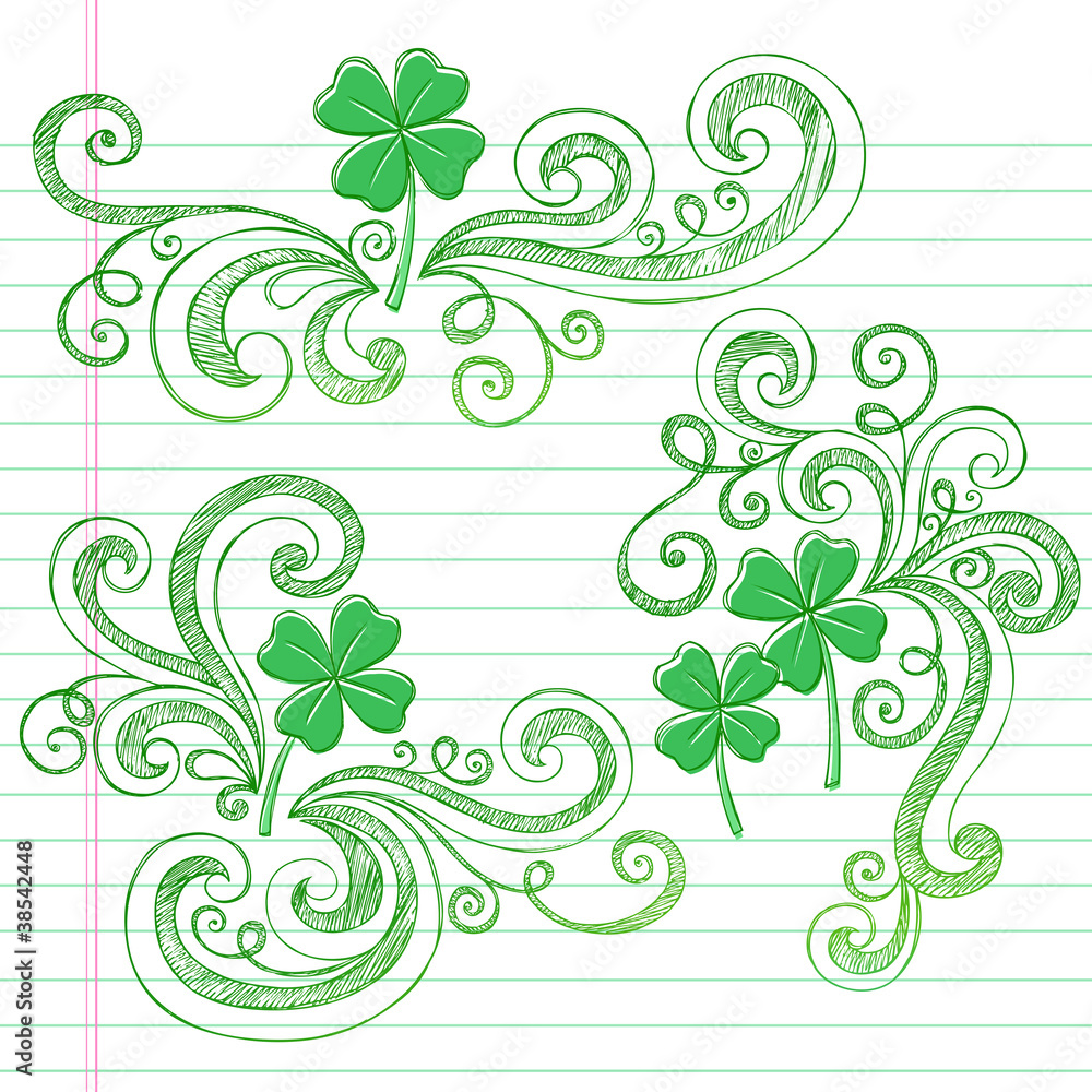 Fototapeta premium Four Leaf Clover St Patricks Day Sketchy Doodle Vectors