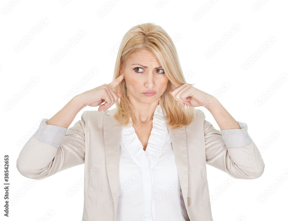 Business business woman closing ears Business business woman closing ears