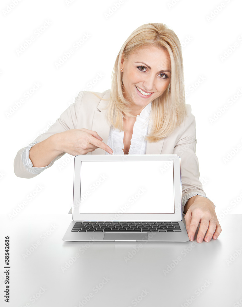 Business woman presenting laptop Business woman presenting laptop