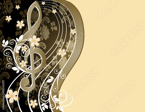 Beige musical background with a treble clef and a flower pattern