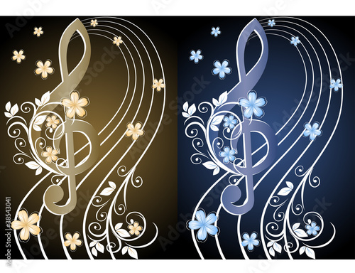 musical background with a treble clef and a flower pattern