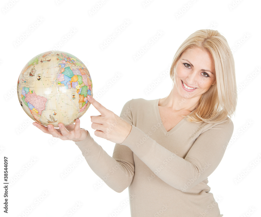 Portrait of beautiful woman holding a globe Portrait of beautiful woman holding a globe
