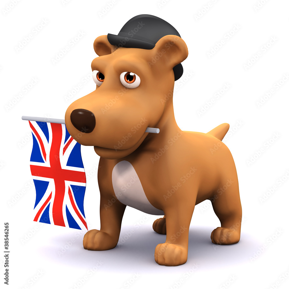 3d Dog in bowler hat with British flag in mouth Stock Illustration