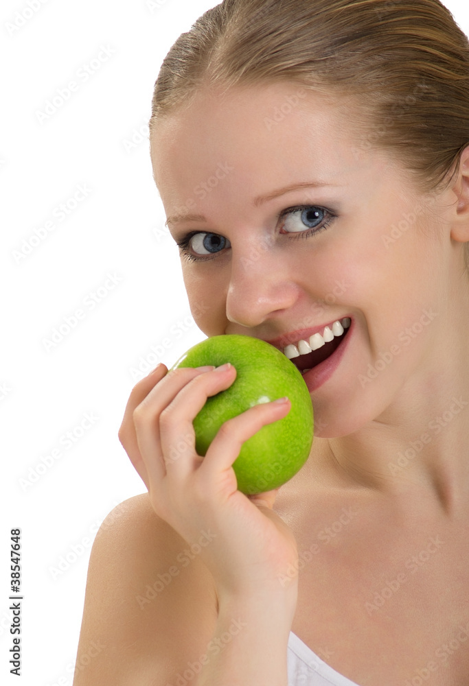 attractive healthy girl biting an apple isolated attractive healthy girl biting an apple isolated
