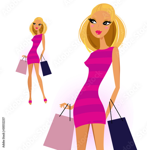Blond woman with shopping bags isolated on white background