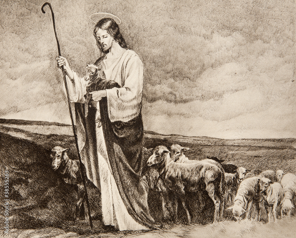 Naklejka premium Good Shepherd - old lithography