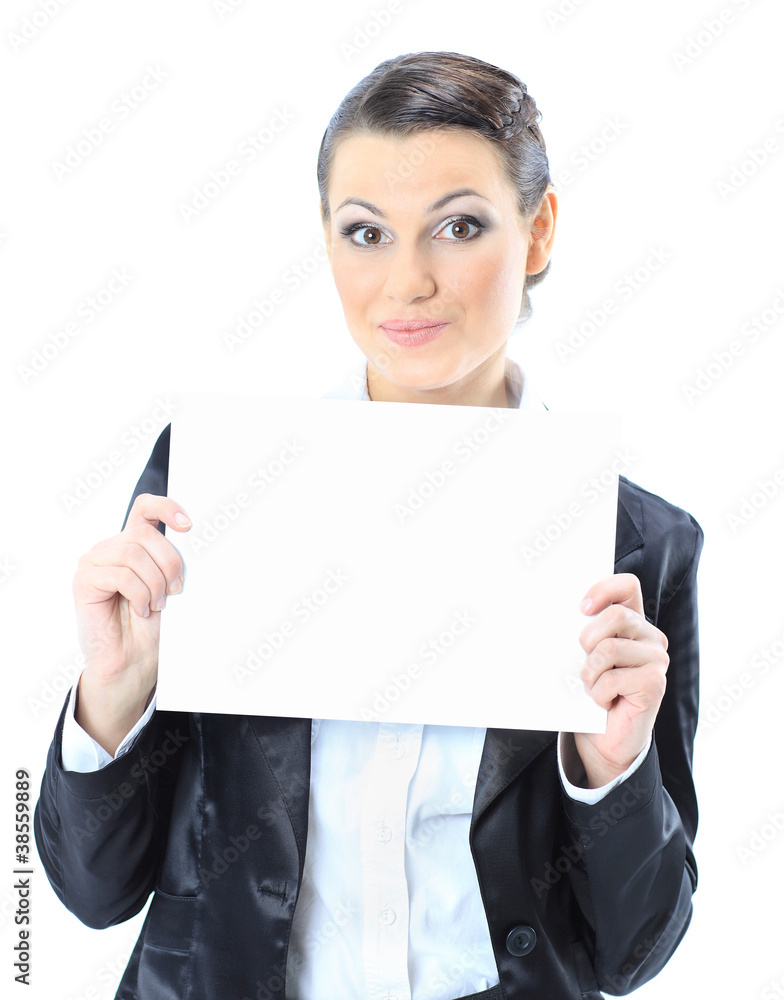 Nice business woman with a white banner. Nice business woman with a white banner.