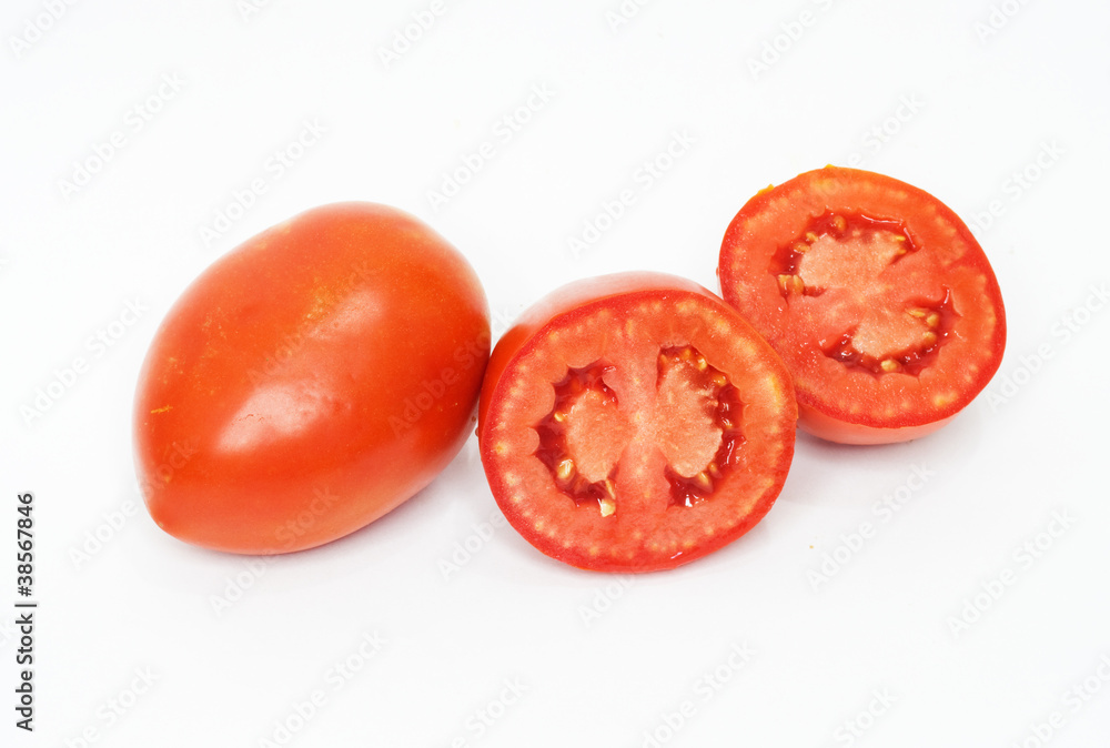 Three freshness tomatoes on white backgrounds. Three freshness tomatoes on white backgrounds.