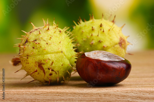 green and brown chestnuts on wooden table on green background