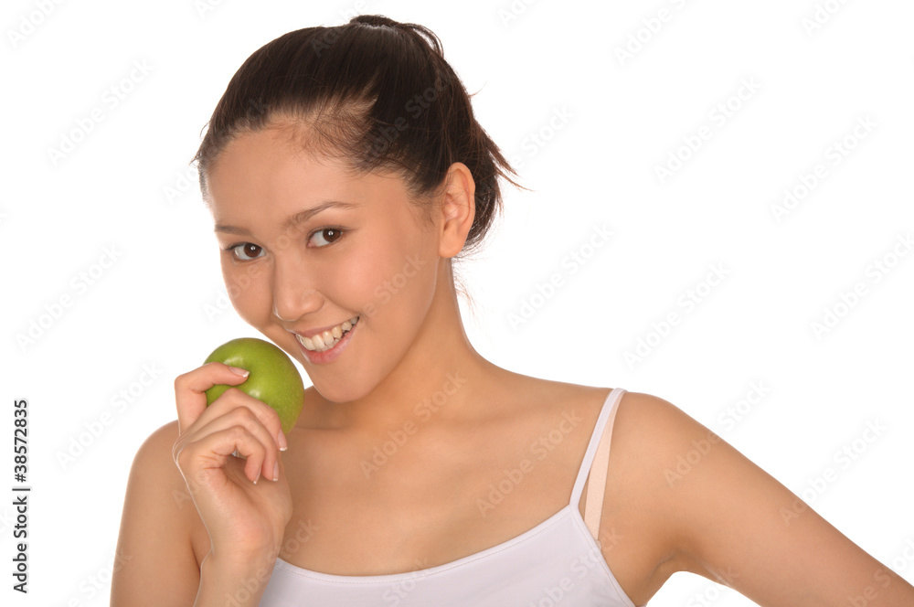 happy asian woman with green apple happy asian woman with green apple