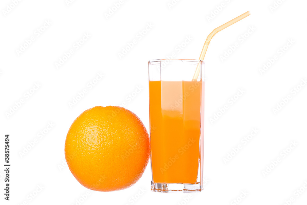 Orange juice and slices of orange isolated on white Orange juice and slices of orange isolated on white