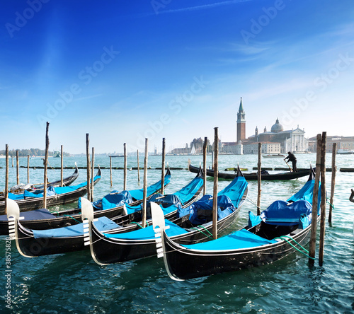 Gondolas on Grand Canal and San Giorgio Maggiore church in Venic