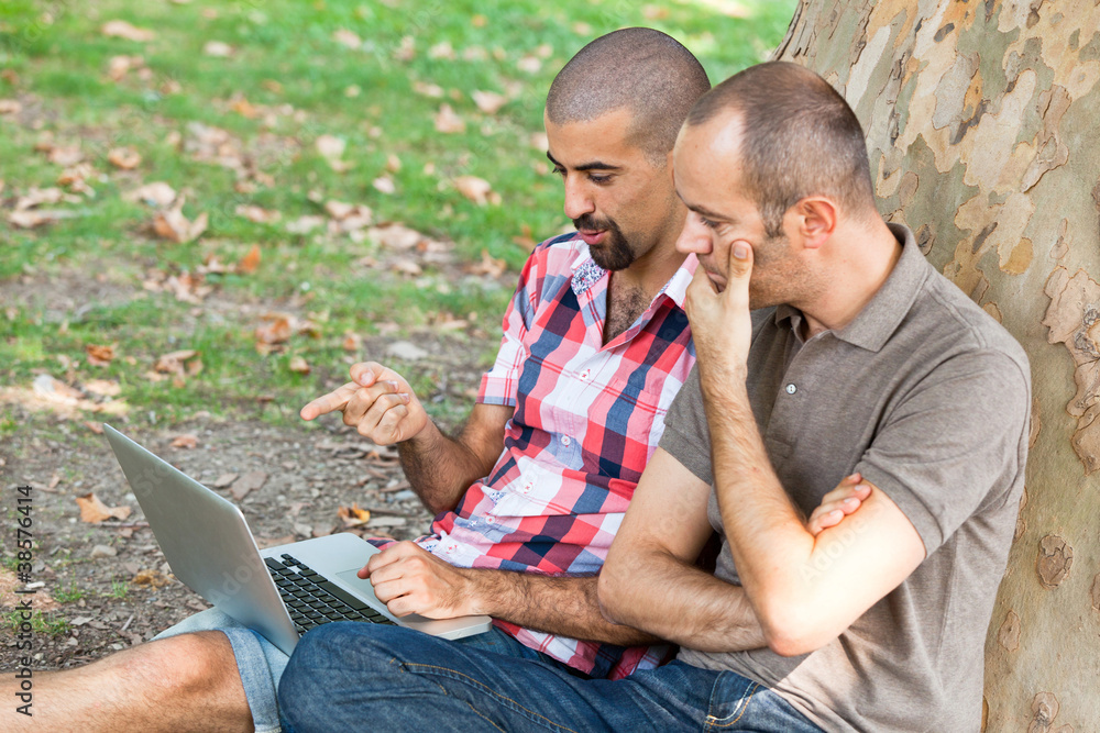 Fototapeta premium Two Men Working with Computer at Park