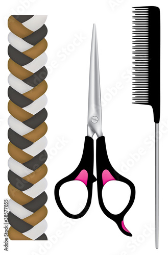 scissors, comb and plait
