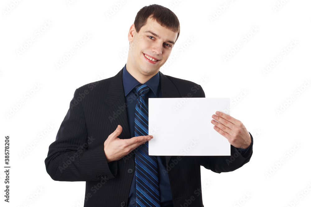 Young businessman holding blank board, isolated on white backgro Young businessman holding blank board, isolated on white backgro