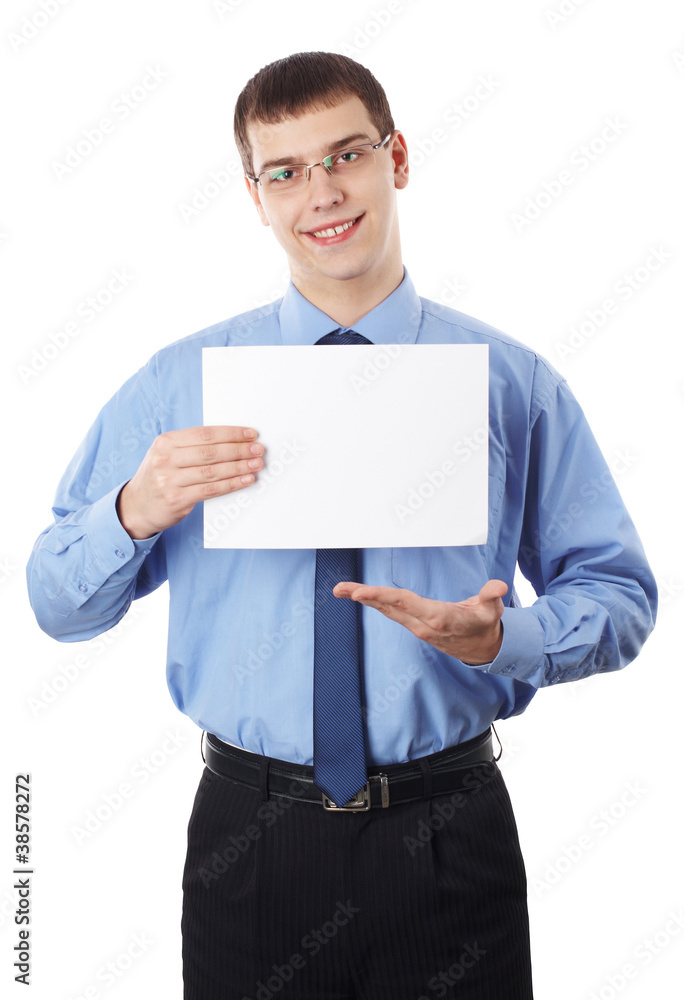 Young businessman holding blank board, isolated on white backgro Young businessman holding blank board, isolated on white backgro