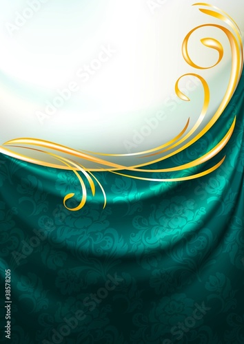 Dark emerald fabric curtain with ornament, background, Eps10