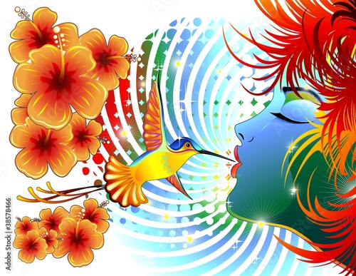 Colibri Bacio Ragazza-Girl Kiss Hummingbird Colors-Vector