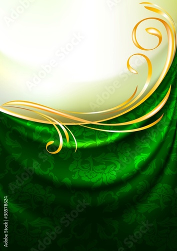 Green fabric drapes with ornament, background
